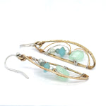 mint colored jade faceted drop, fresh water pearl, aqua crystal, and green amethyst bejewel hammered brass wing earrings