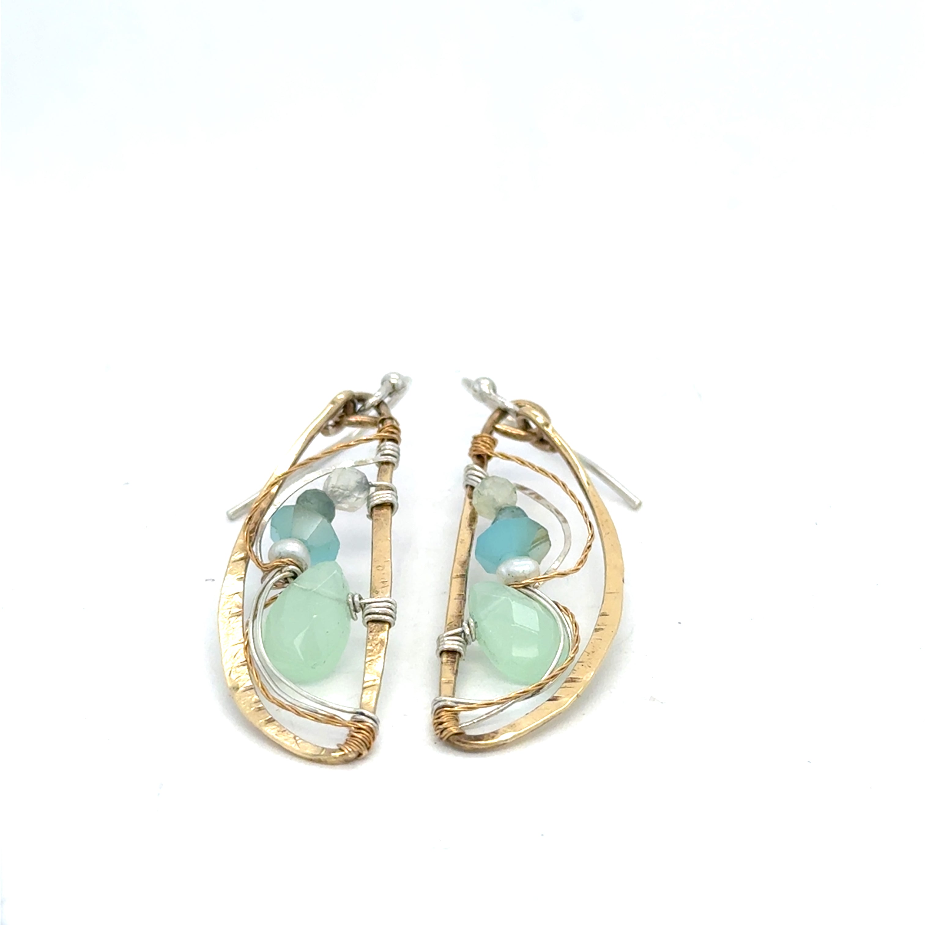 mint colored jade faceted drop, fresh water pearl, aqua crystal, and green amethyst bejewel hammered brass wing earrings