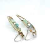 mint colored jade faceted drop, fresh water pearl, aqua crystal, and green amethyst bejewel hammered brass wing earrings