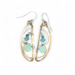 mint colored jade faceted drop, fresh water pearl, aqua crystal, and green amethyst bejewel hammered brass wing earrings