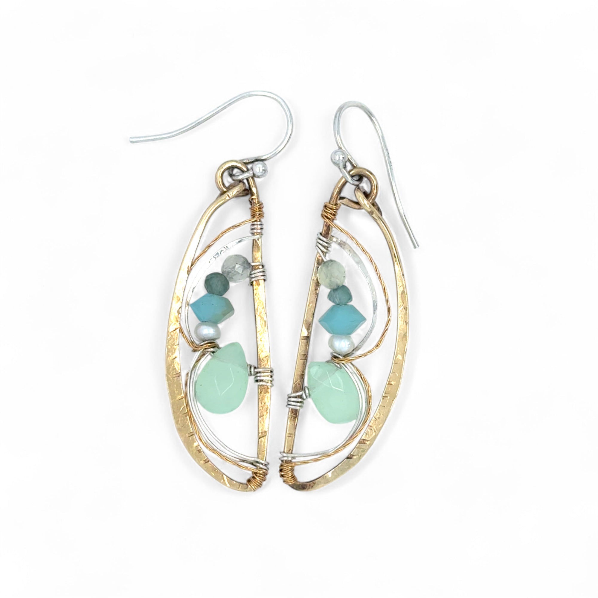 mint colored jade faceted drop, fresh water pearl, aqua crystal, and green amethyst bejewel hammered brass wing earrings