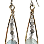 Aquamarine coins and black tourmaline quartz faceted gemstones in brass drop earrings with sterling silver wire.