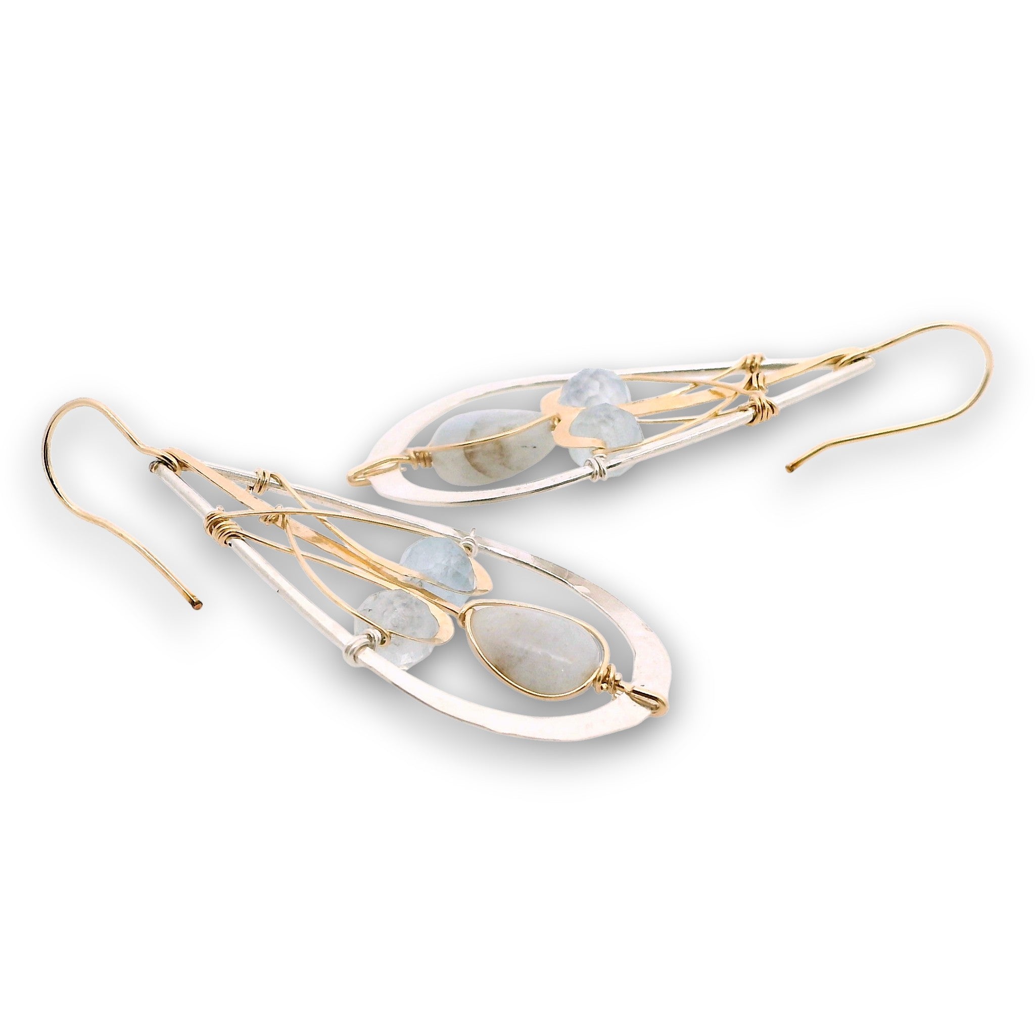 Sterling silver drop earrings with built in 14k gold filled earring hooks, accented with aquamarine gemstones
