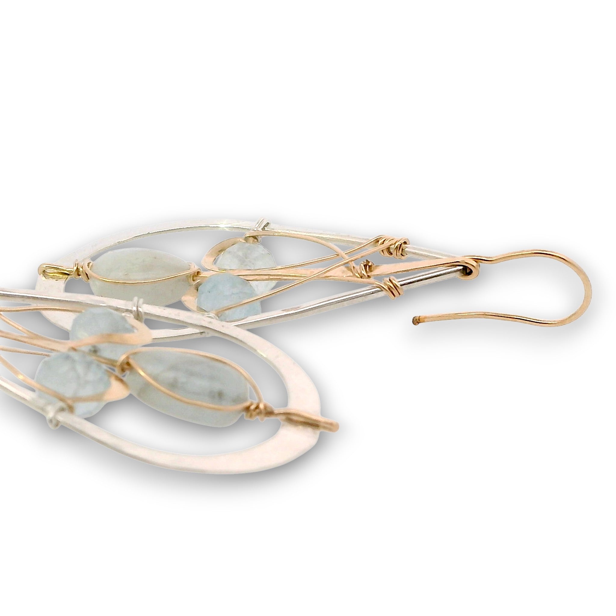 Sterling silver drop earrings with built in 14k gold filled earring hooks, accented with aquamarine gemstones