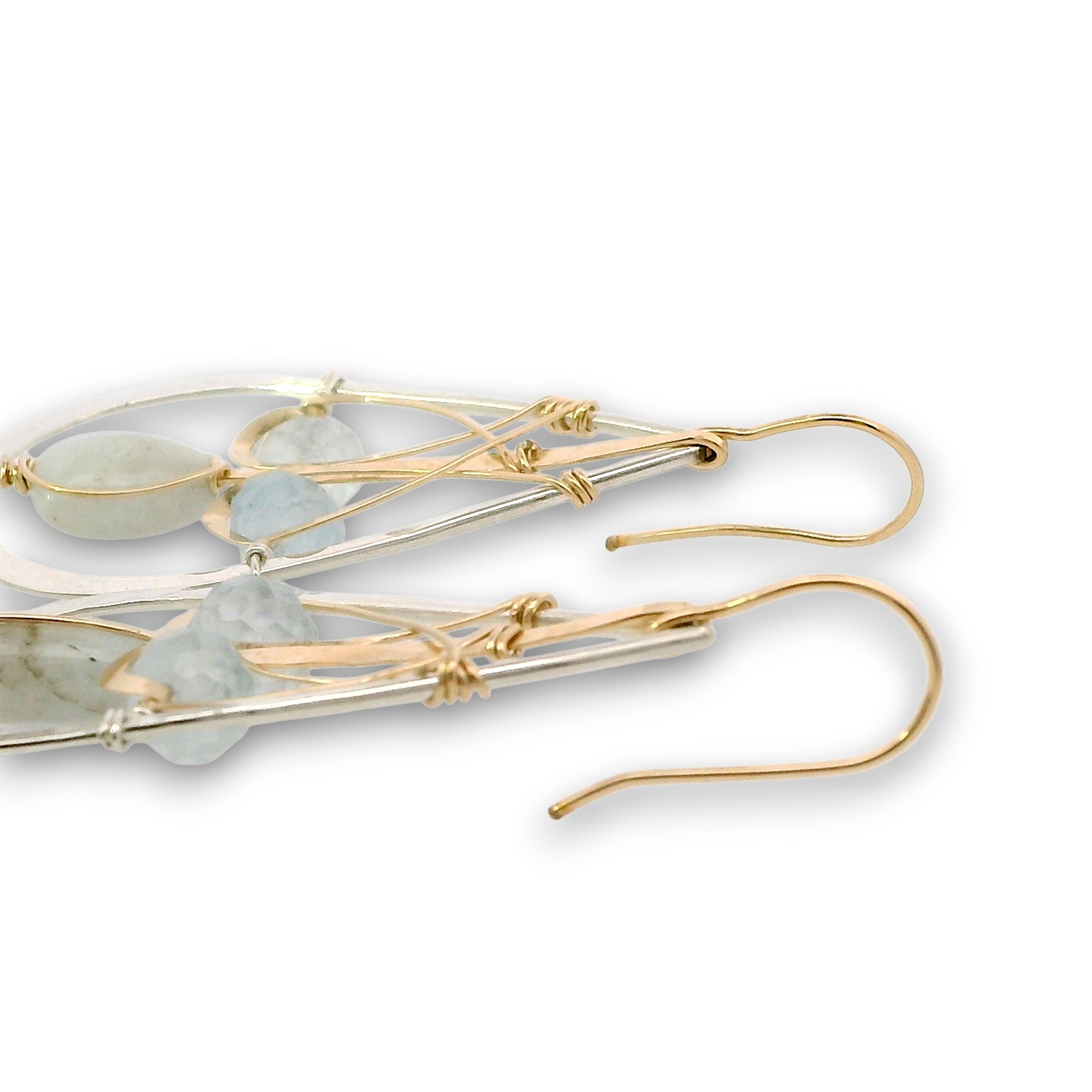 Sterling silver drop earrings with built in 14k gold filled earring hooks, accented with aquamarine gemstones