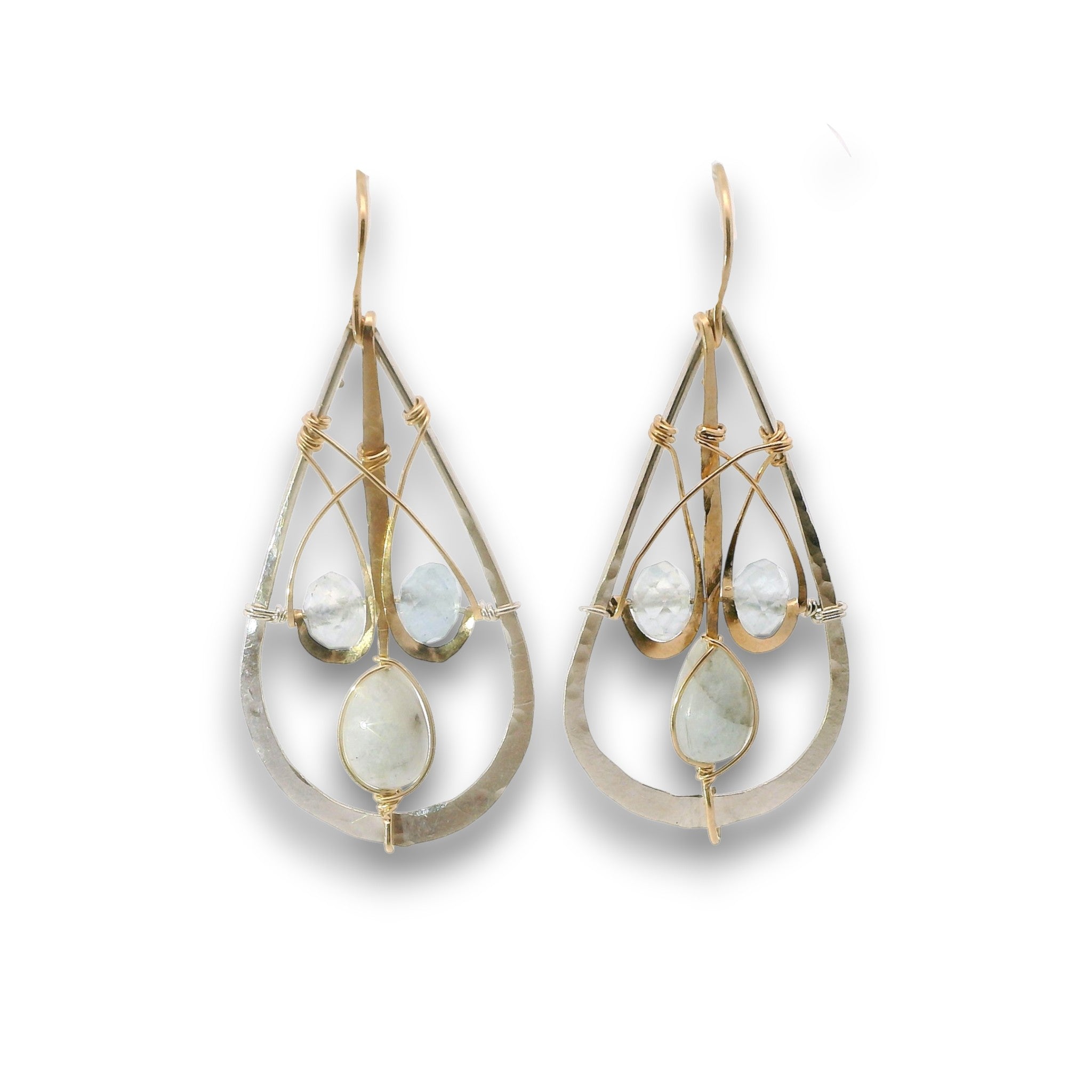 Sterling silver drop earrings with built in 14k gold filled earring hooks, accented with aquamarine gemstones