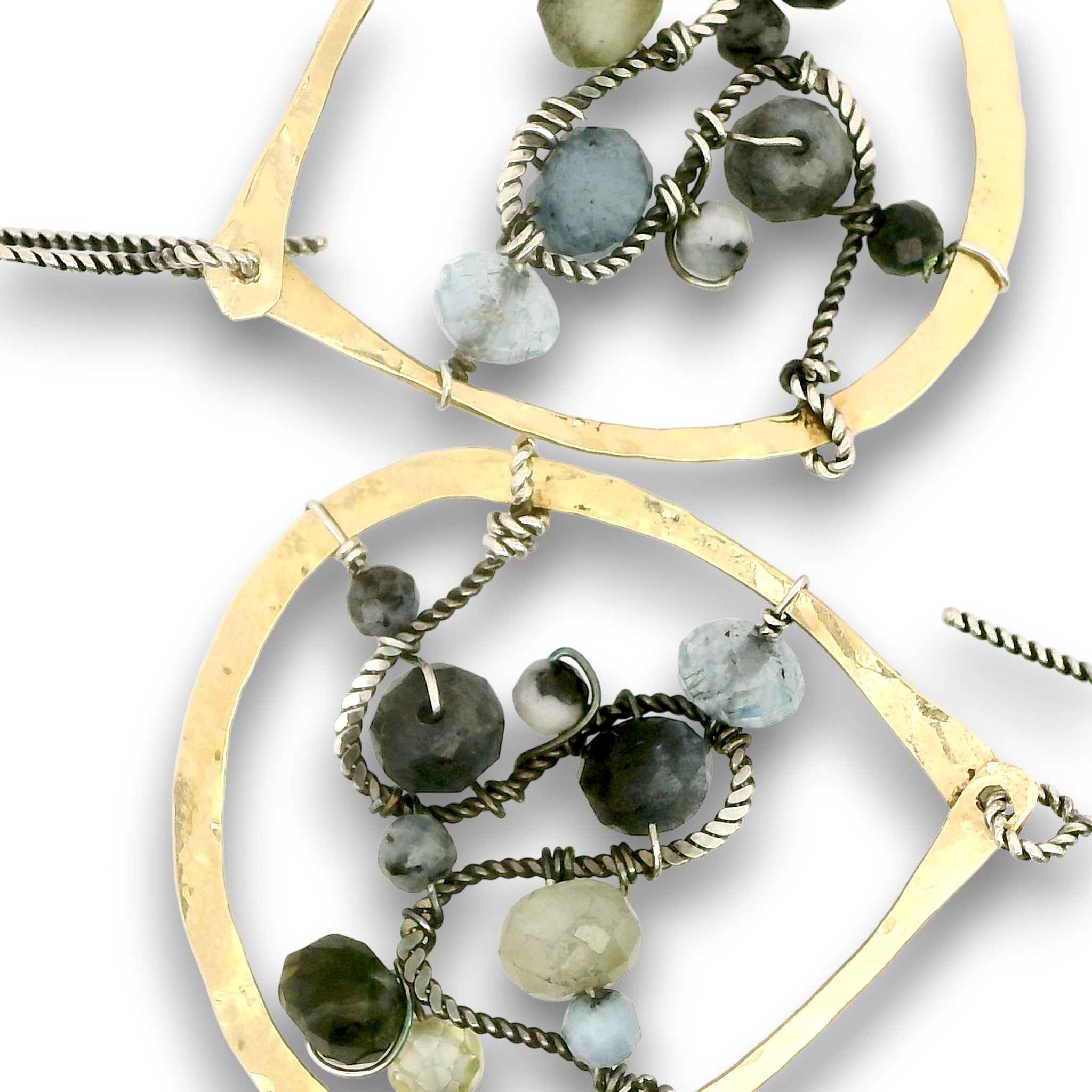 Brass fat marquise earrings embroidered with oxidized sterling silver twist wire swishes with aquamarine and prehnite gemstones