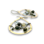 Brass fat marquise earrings embroidered with oxidized sterling silver twist wire swishes with aquamarine and prehnite gemstones