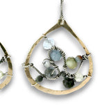 Brass fat marquise earrings embroidered with oxidized sterling silver twist wire swishes with aquamarine and prehnite gemstones