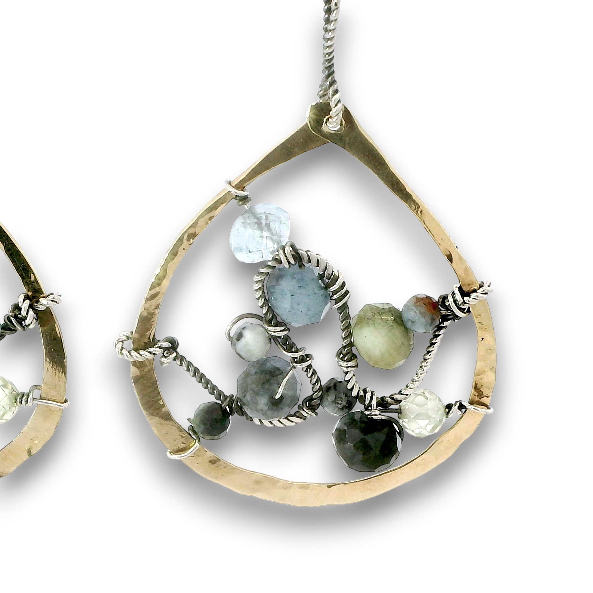 Brass fat marquise earrings embroidered with oxidized sterling silver twist wire swishes with aquamarine and prehnite gemstones