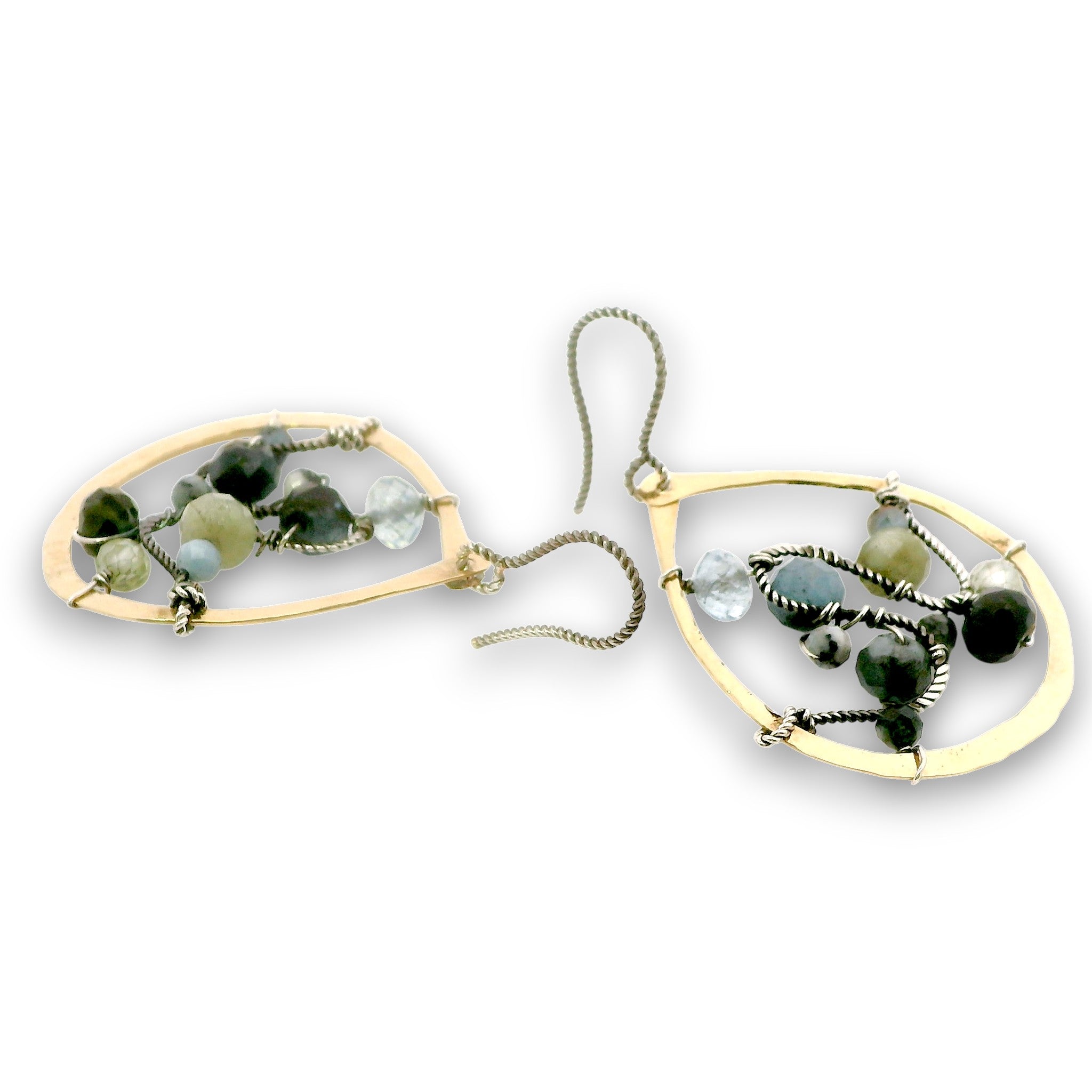 Brass fat marquise earrings embroidered with oxidized sterling silver twist wire swishes with aquamarine and prehnite gemstones