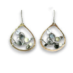 Brass fat marquise earrings embroidered with oxidized sterling silver twist wire swishes with aquamarine and prehnite gemstones