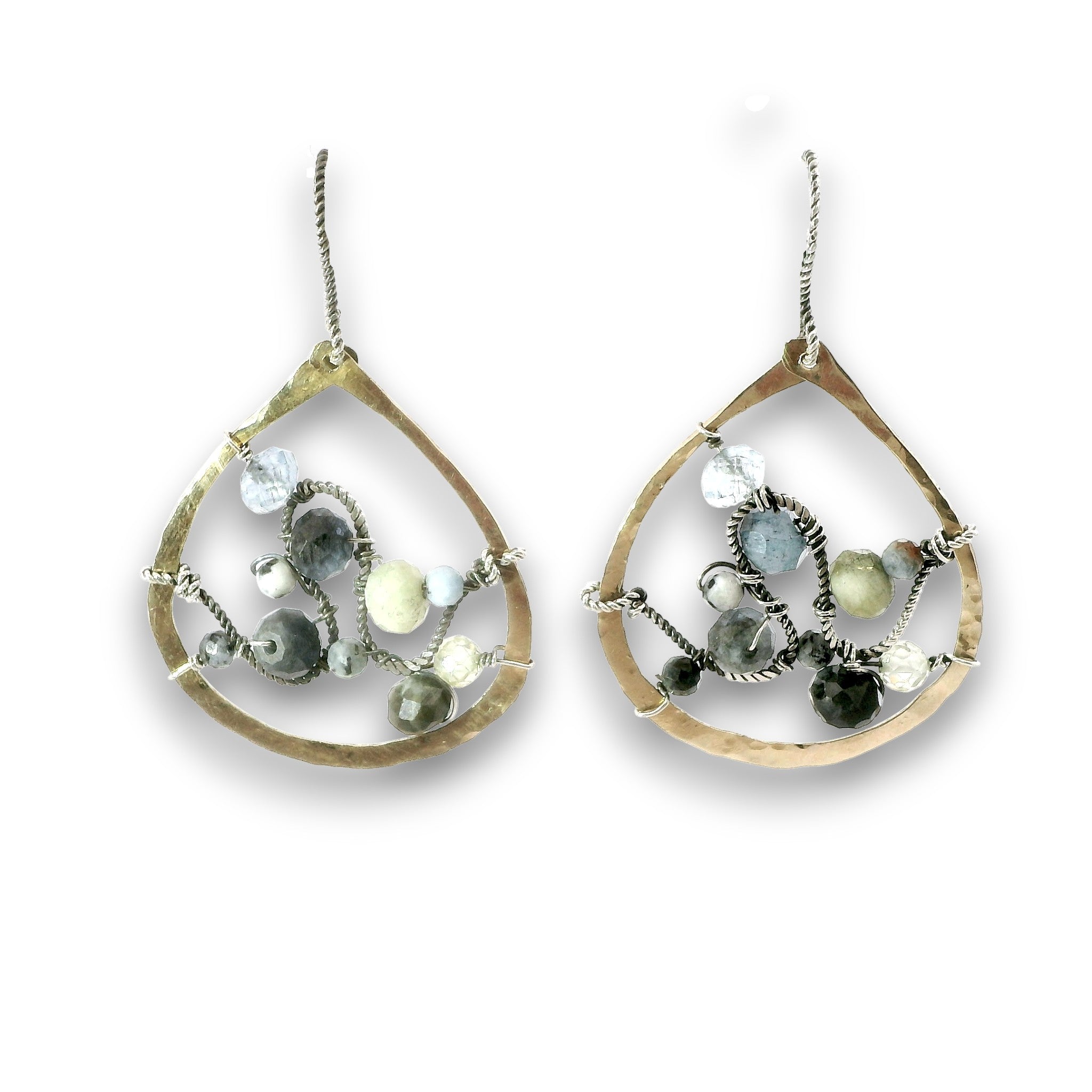 Brass fat marquise earrings embroidered with oxidized sterling silver twist wire swishes with aquamarine and prehnite gemstones