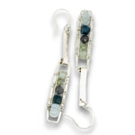 Sterling silver mini rectangle earrings with aquamarine, blue aventurine, and green kyanite gemstones stacked