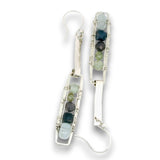 Sterling silver mini rectangle earrings with aquamarine, blue aventurine, and green kyanite gemstones stacked