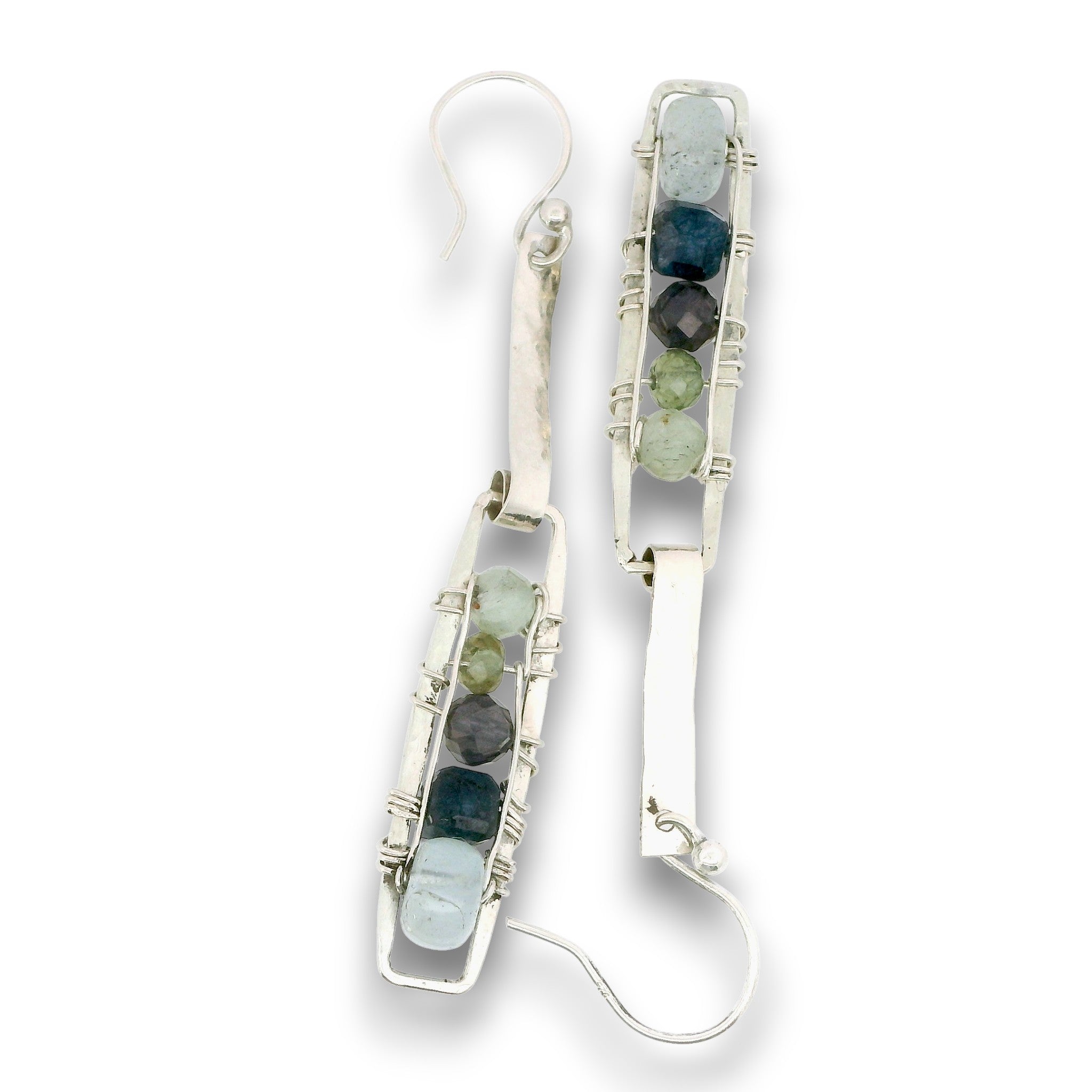 Sterling silver mini rectangle earrings with aquamarine, blue aventurine, and green kyanite gemstones stacked