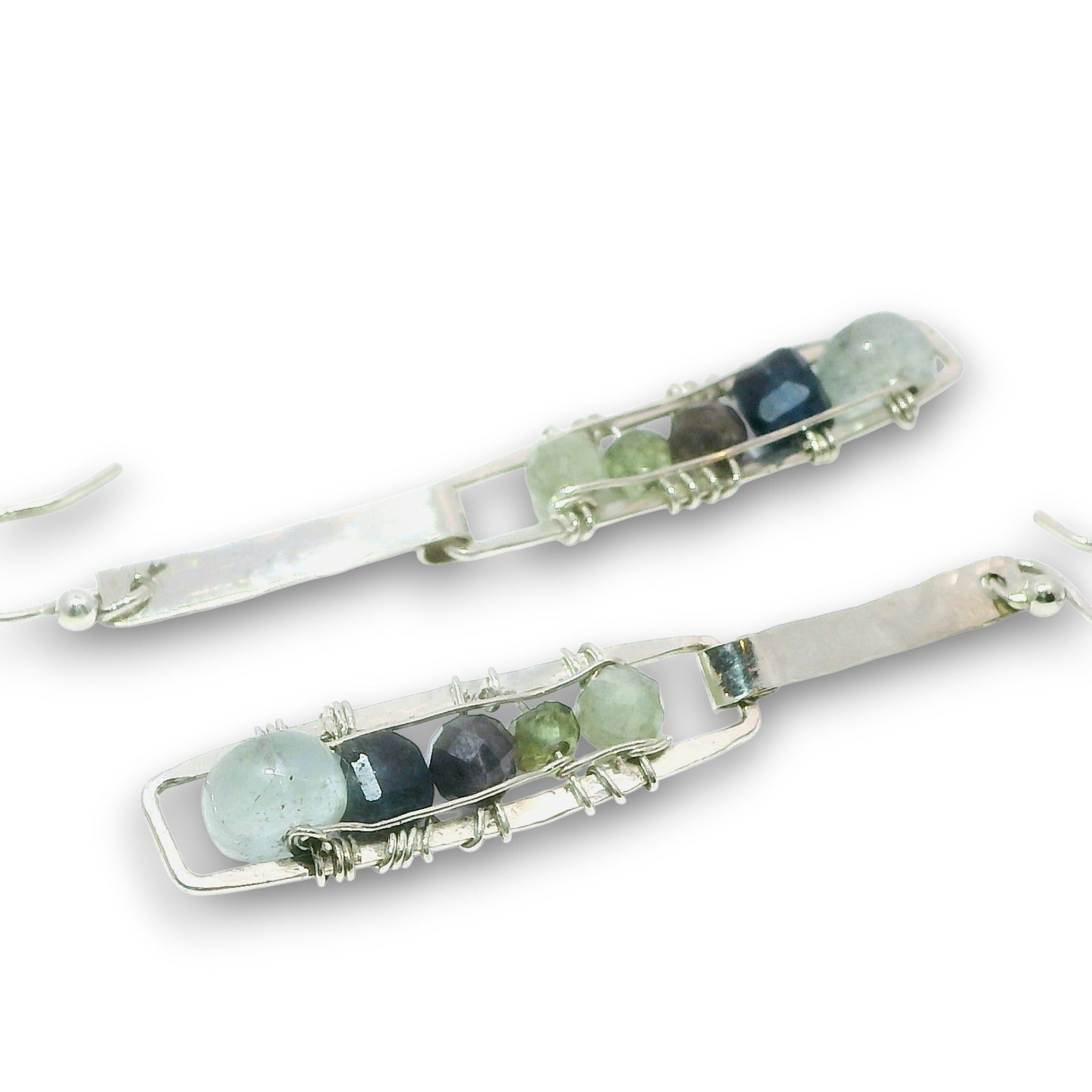 Sterling silver mini rectangle earrings with aquamarine, blue aventurine, and green kyanite gemstones stacked