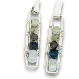 Sterling silver mini rectangle earrings with aquamarine, blue aventurine, and green kyanite gemstones stacked