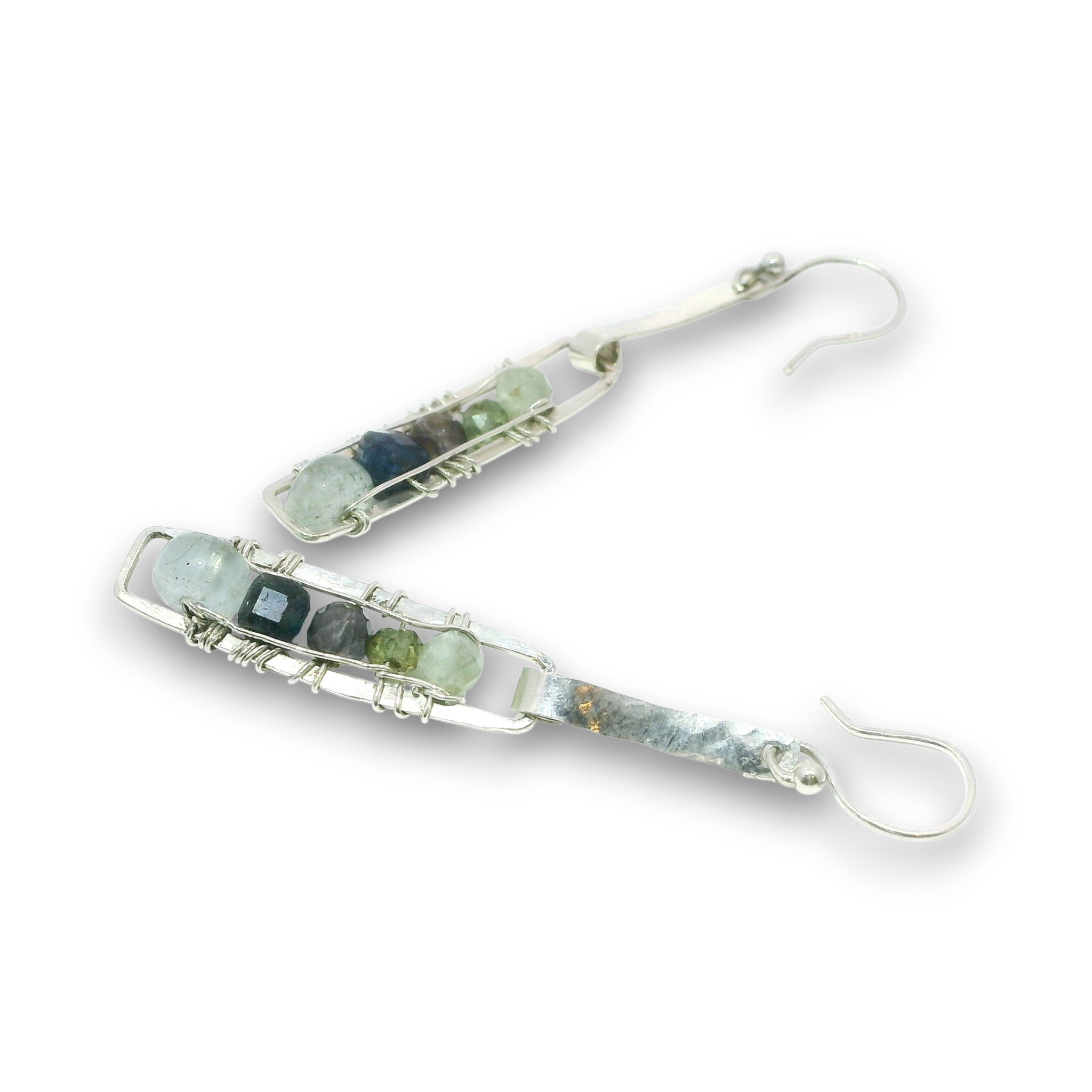 Sterling silver mini rectangle earrings with aquamarine, blue aventurine, and green kyanite gemstones stacked