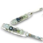 Sterling silver mini rectangle earrings with aquamarine, blue aventurine, and green kyanite gemstones stacked