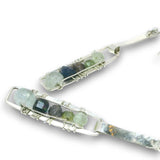 Sterling silver mini rectangle earrings with aquamarine, blue aventurine, and green kyanite gemstones stacked