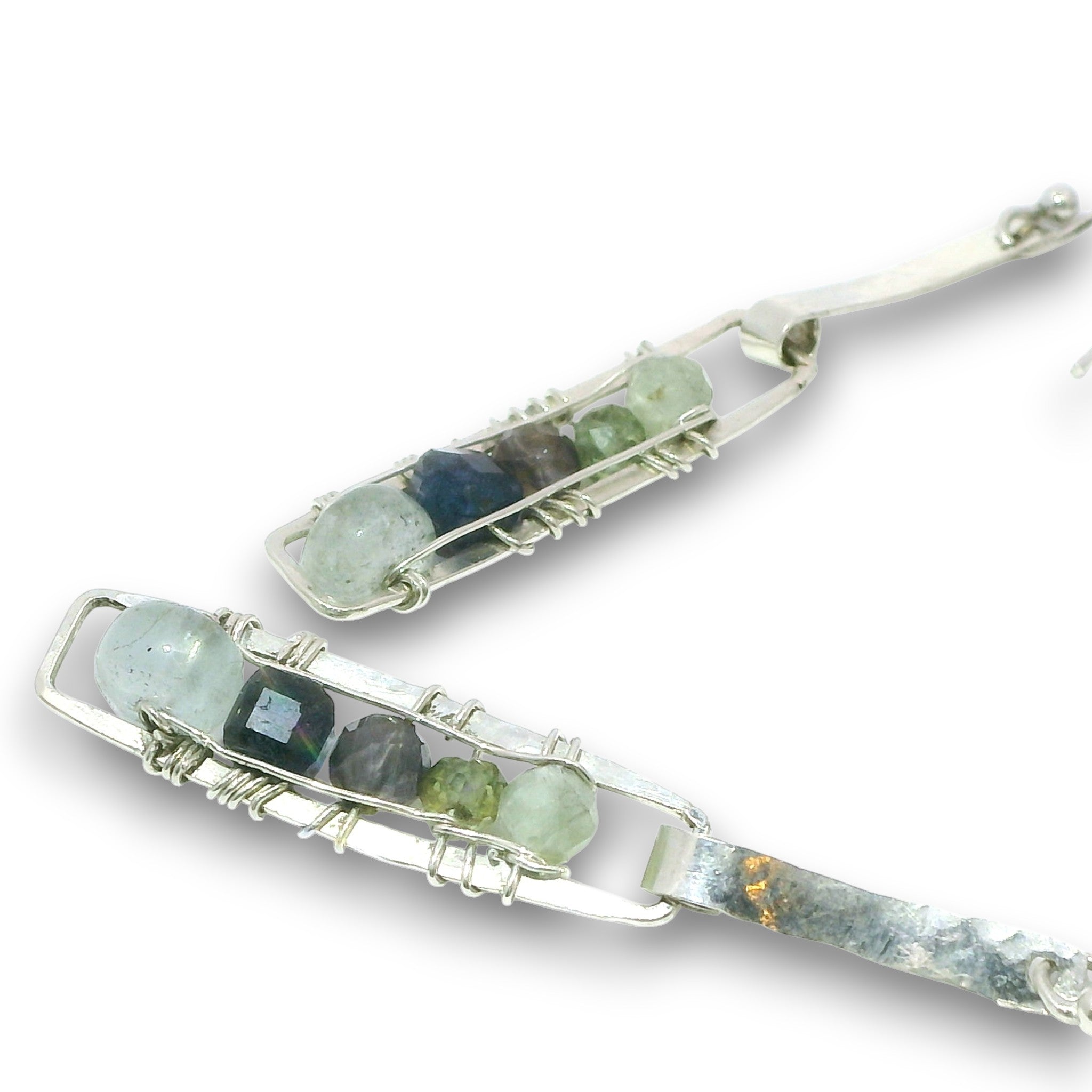 Sterling silver mini rectangle earrings with aquamarine, blue aventurine, and green kyanite gemstones stacked