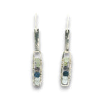 Sterling silver mini rectangle earrings with aquamarine, blue aventurine, and green kyanite gemstones stacked