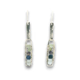 Sterling silver mini rectangle earrings with aquamarine, blue aventurine, and green kyanite gemstones stacked