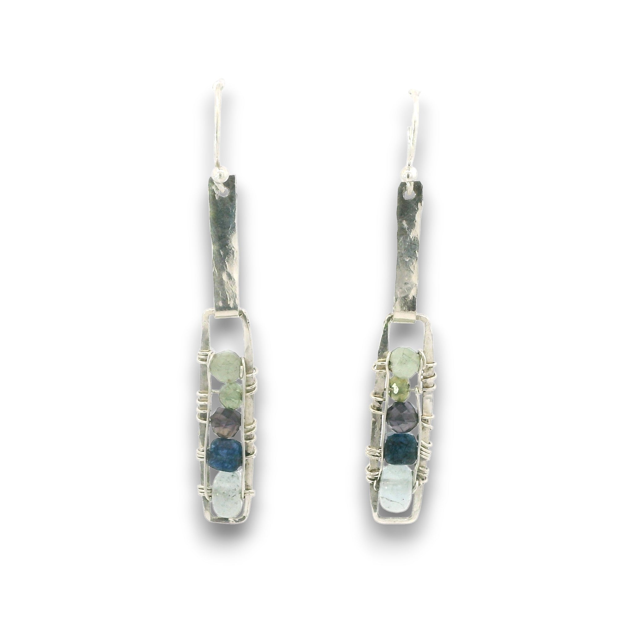 Sterling silver mini rectangle earrings with aquamarine, blue aventurine, and green kyanite gemstones stacked