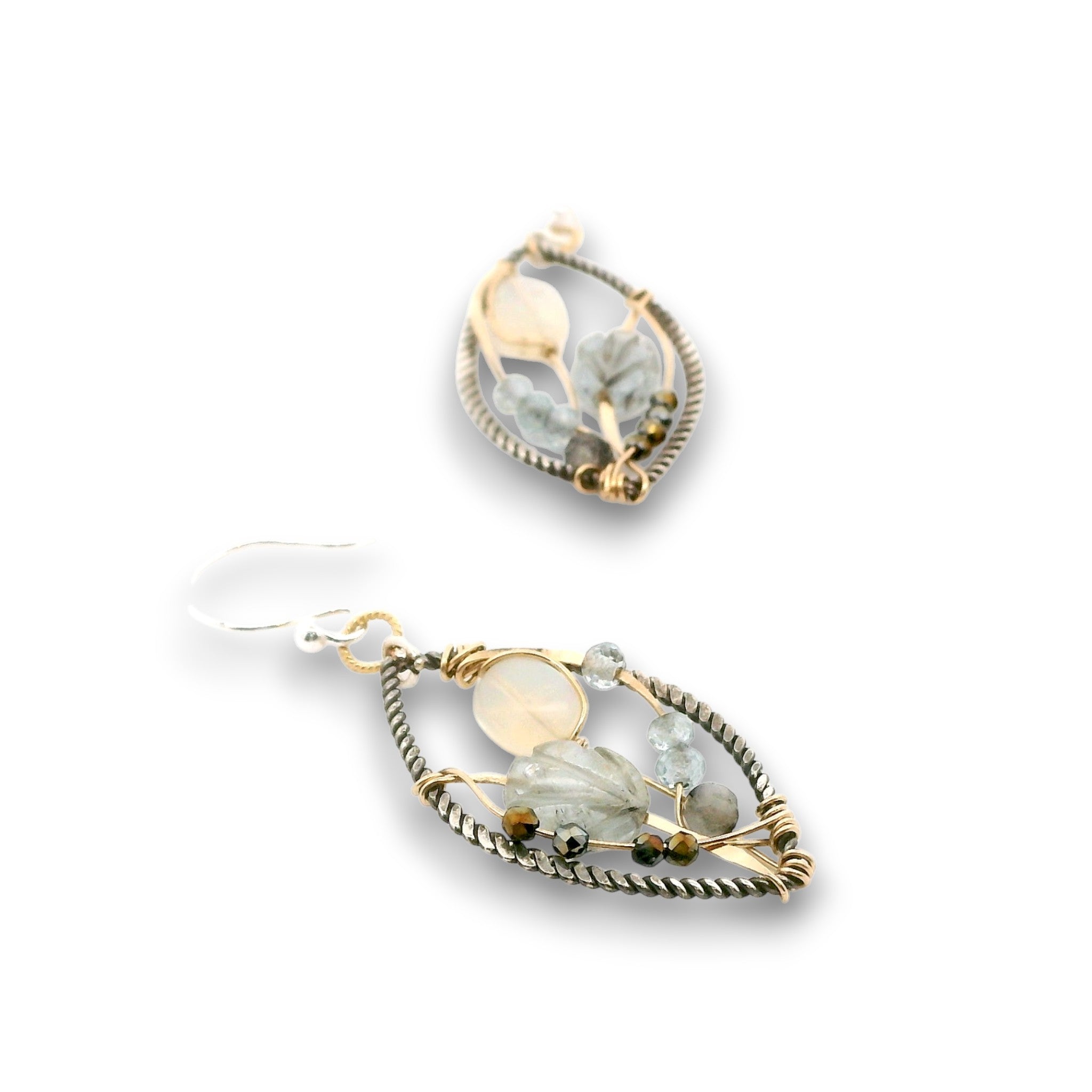 Darkened sterling silver twisted wire marquise shaped earrings embroidered with apatite, opal, aquamarine carved flowers, and crystal gemstones on gold filled wire