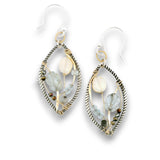 Darkened sterling silver twisted wire marquise shaped earrings embroidered with apatite, opal, aquamarine carved flowers, and crystal gemstones on gold filled wire