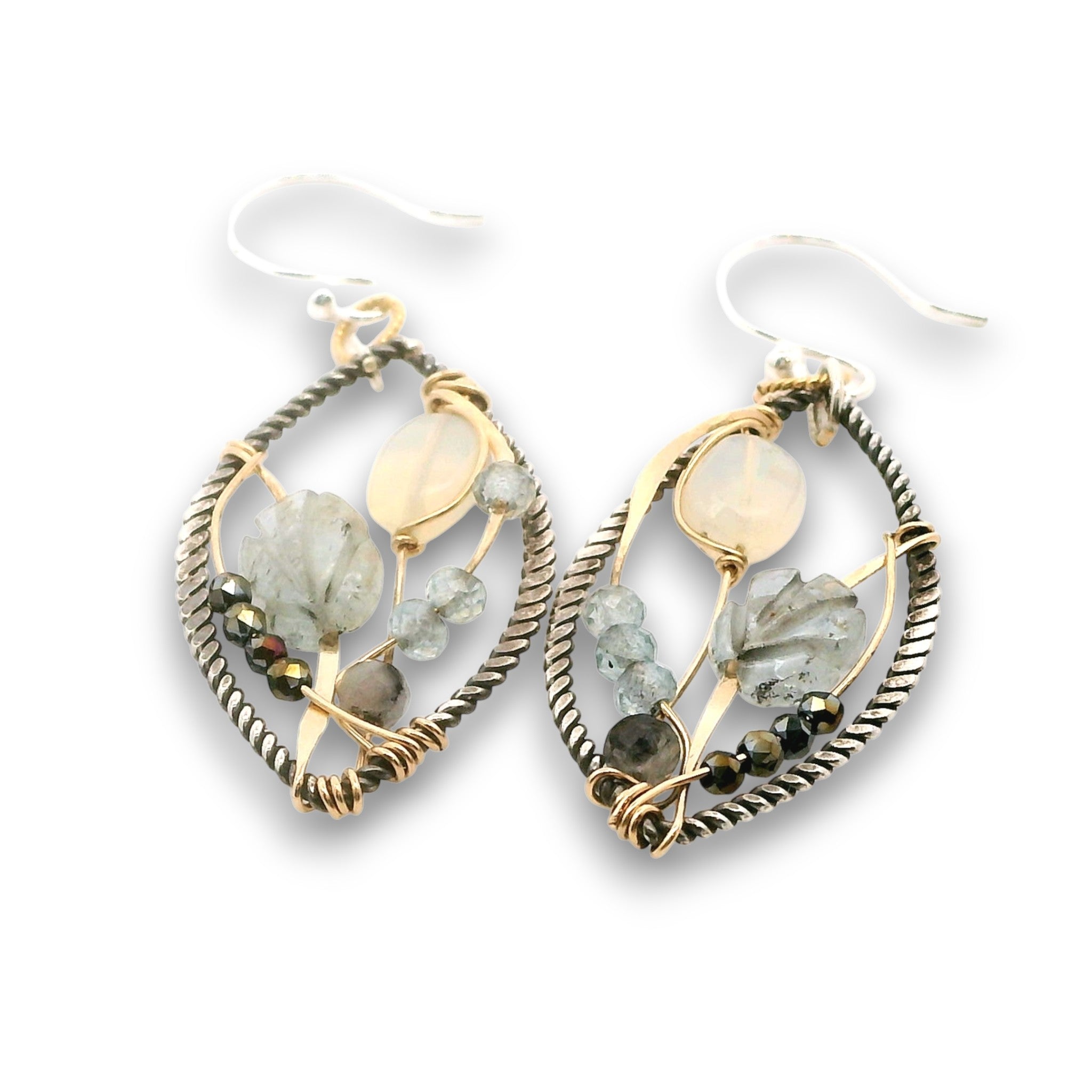 Darkened sterling silver twisted wire marquise shaped earrings embroidered with apatite, opal, aquamarine carved flowers, and crystal gemstones on gold filled wire