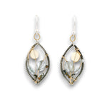 Darkened sterling silver twisted wire marquise shaped earrings embroidered with apatite, opal, aquamarine carved flowers, and crystal gemstones on gold filled wire