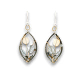Darkened sterling silver twisted wire marquise shaped earrings embroidered with apatite, opal, aquamarine carved flowers, and crystal gemstones on gold filled wire