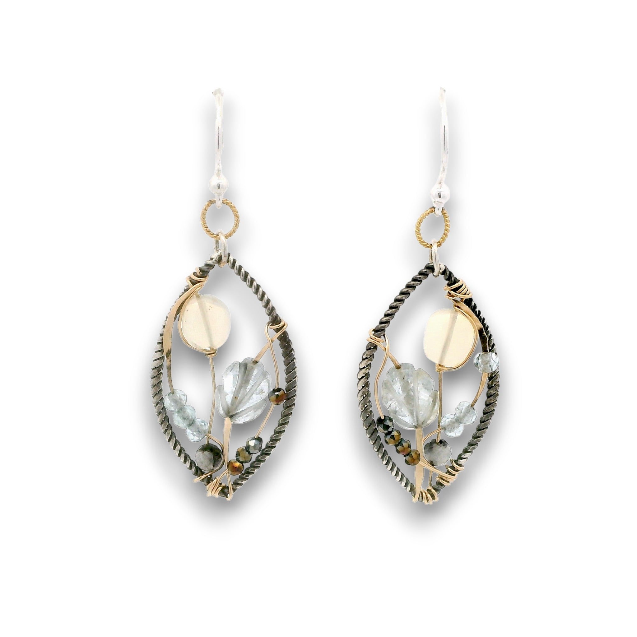 Darkened sterling silver twisted wire marquise shaped earrings embroidered with apatite, opal, aquamarine carved flowers, and crystal gemstones on gold filled wire