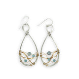 Aquamarine faceted gemstones weaved in gold filled wire along side brass hammered wire on a handmade sterling silver infinity shaped earrings
