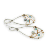 Aquamarine faceted gemstones weaved in gold filled wire along side brass hammered wire on a handmade sterling silver infinity shaped earrings