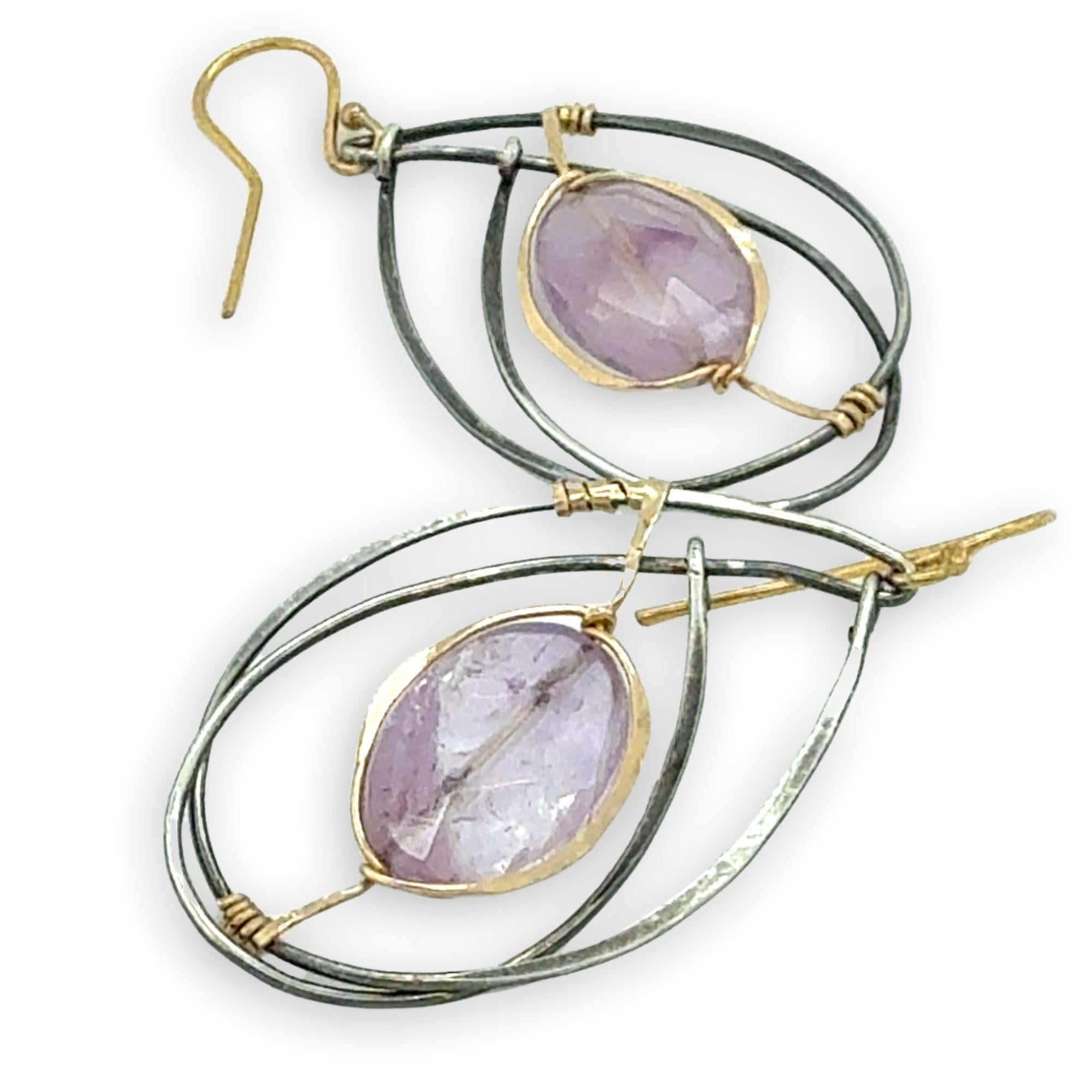 oxidized sterling silver wrapped drop earrings with amethyst oval gemstones in gold filled hammered wire