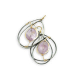 oxidized sterling silver wrapped drop earrings with amethyst oval gemstones in gold filled hammered wire