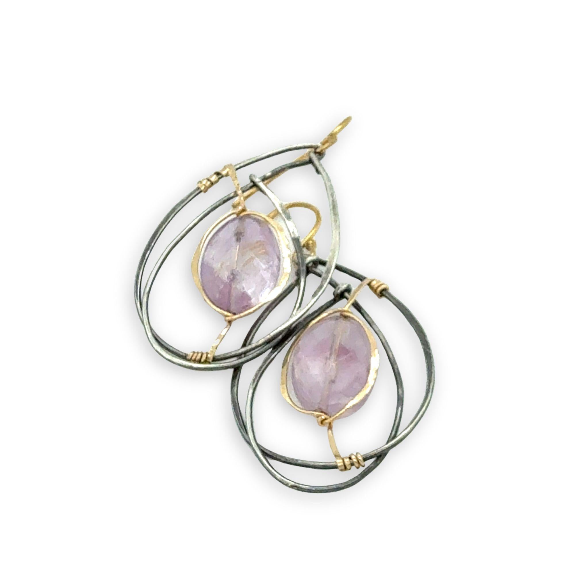 oxidized sterling silver wrapped drop earrings with amethyst oval gemstones in gold filled hammered wire