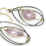 oxidized sterling silver wrapped drop earrings with amethyst oval gemstones in gold filled hammered wire