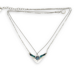 Arrow shaped sterling silver hammered pendant necklace with flashy labradorite nugget and chrysocolla cube gemstones on a double chain