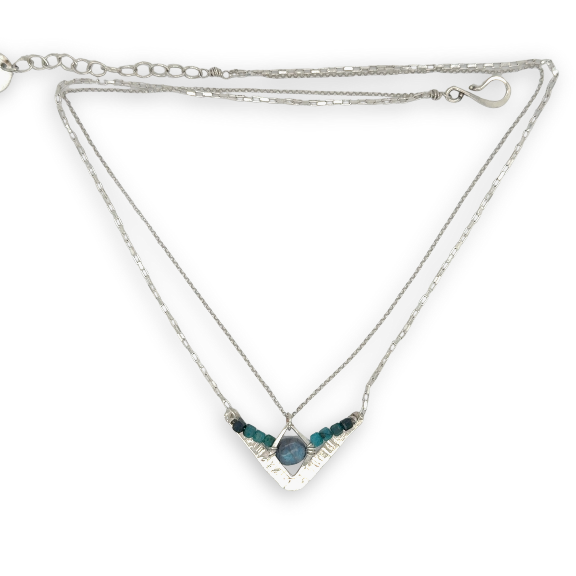 Arrow shaped sterling silver hammered pendant necklace with flashy labradorite nugget and chrysocolla cube gemstones on a double chain