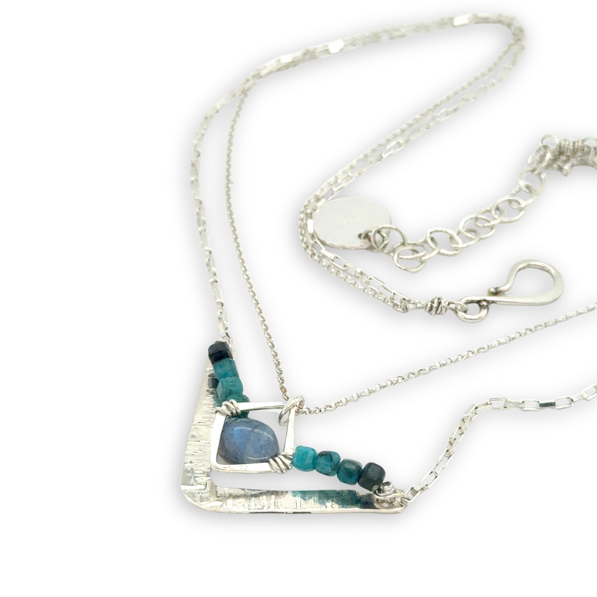 Arrow shaped sterling silver hammered pendant necklace with flashy labradorite nugget and chrysocolla cube gemstones on a double chain