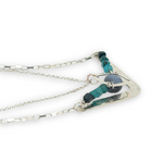 Arrow shaped sterling silver hammered pendant necklace with flashy labradorite nugget and chrysocolla cube gemstones on a double chain