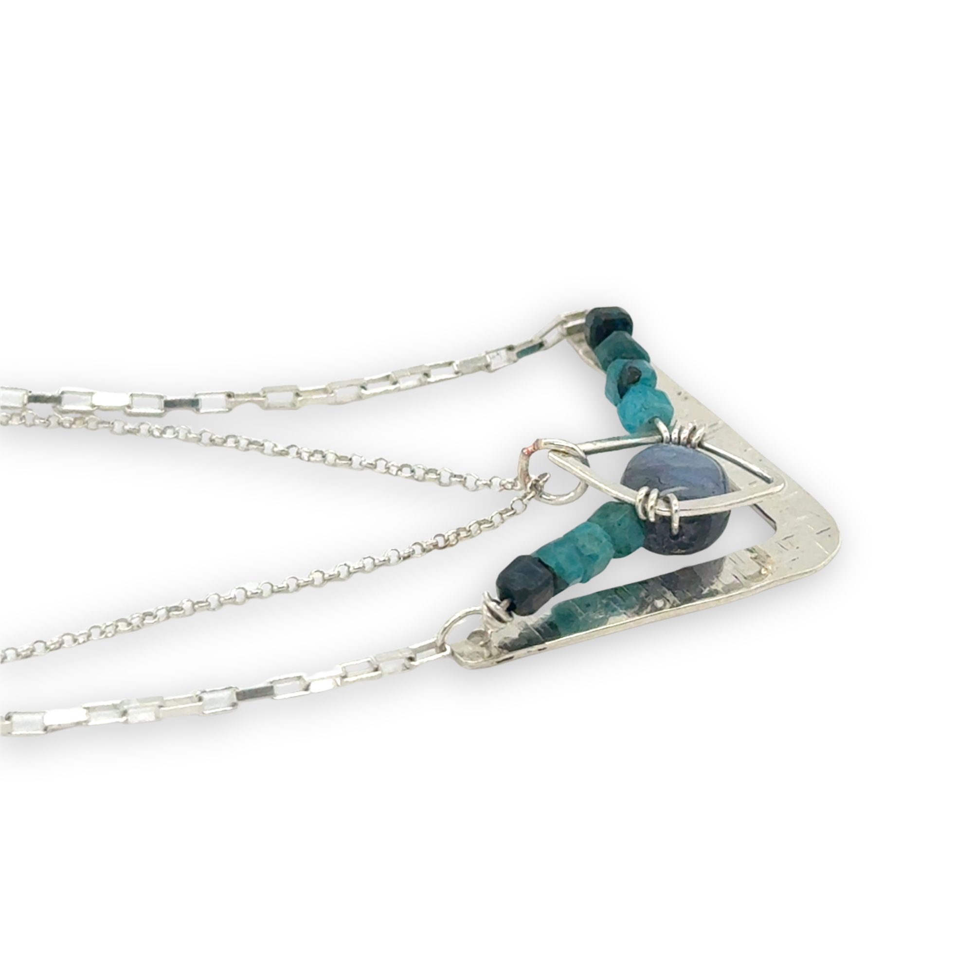 Arrow shaped sterling silver hammered pendant necklace with flashy labradorite nugget and chrysocolla cube gemstones on a double chain