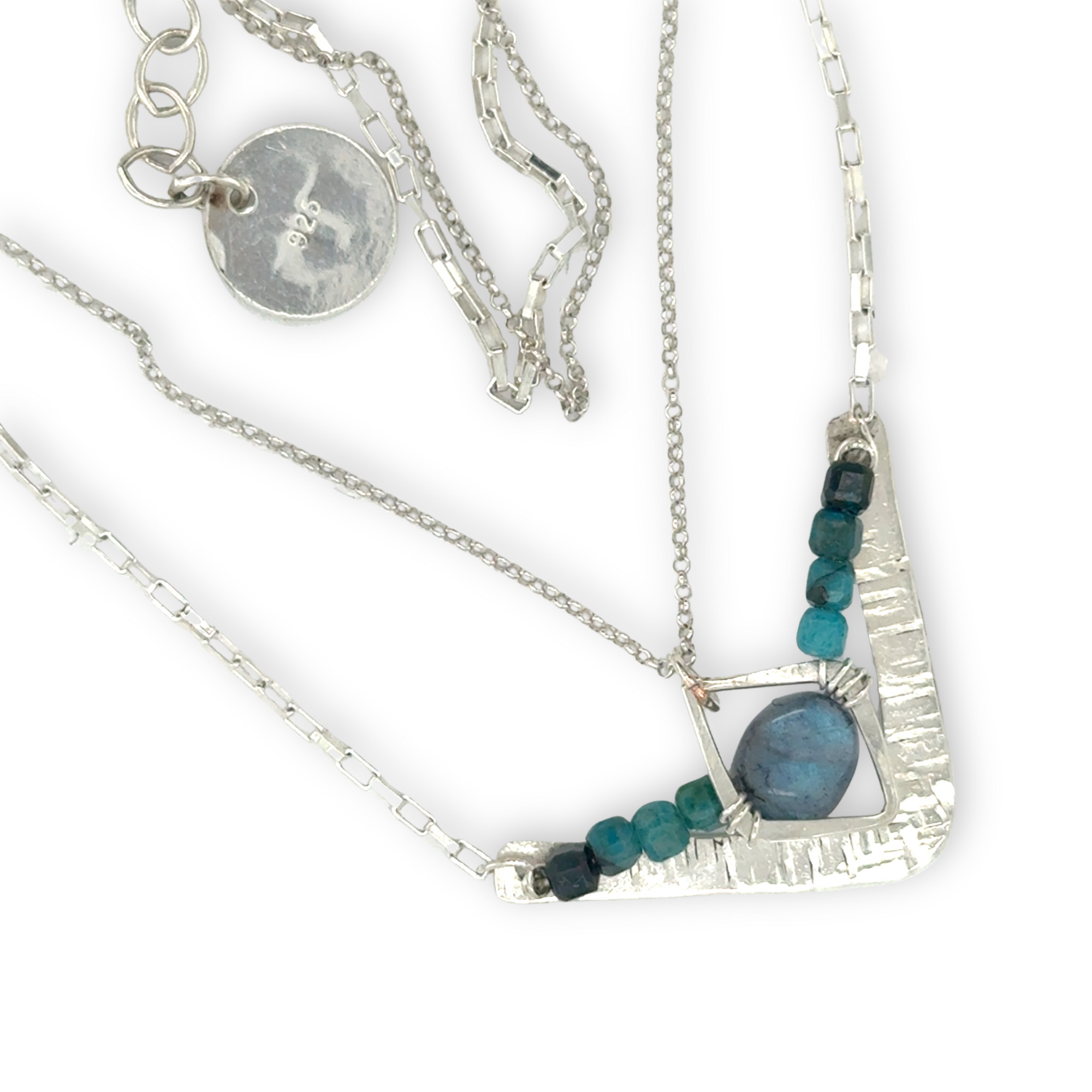 Arrow shaped sterling silver hammered pendant necklace with flashy labradorite nugget and chrysocolla cube gemstones on a double chain