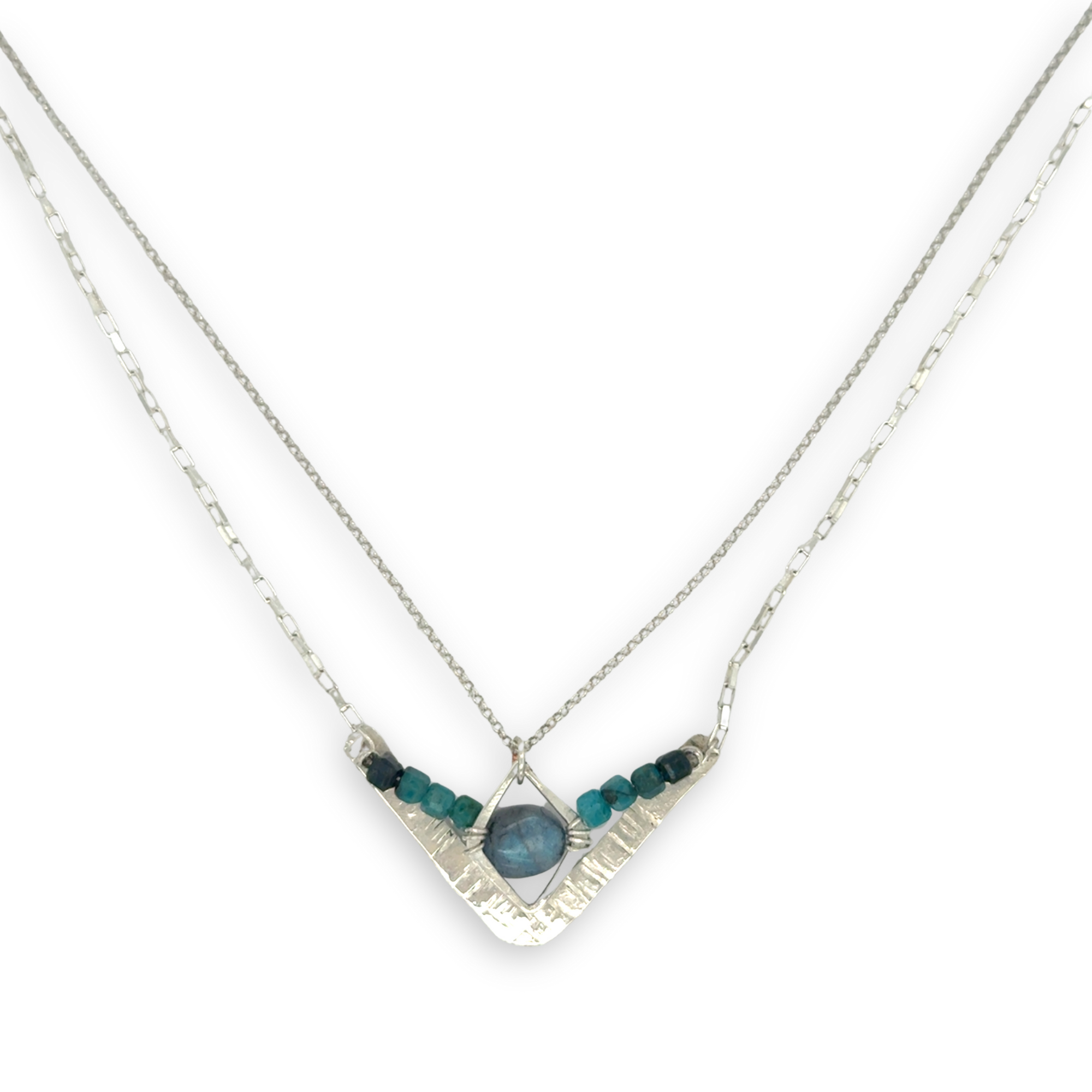 Arrow shaped sterling silver hammered pendant necklace with flashy labradorite nugget and chrysocolla cube gemstones on a double chain