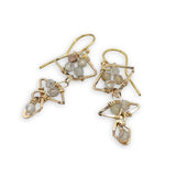 Gold filled triple diamond earrings filled with faceted rutilated quartz gemstones