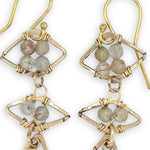 Gold filled triple diamond earrings filled with faceted rutilated quartz gemstones
